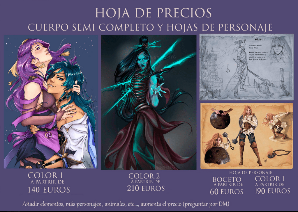 A page of prices for half-body, full bod, colored and sketches. 