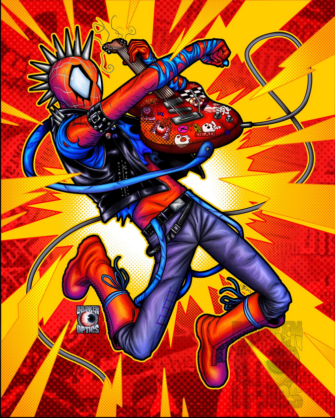 Spiderboy playing a red electric guitar, both legs bent back.
He is in blue jeans with knee-high boots which have blue ribbon tied around each.
His Spider mask sports spikes in a mohawk and he is wearing a leather vest with a blue ripped shirt underneath. He has a long-sleve red shirt under all that, and is wearing two belts and suspenders that are hanging off his waistband. 